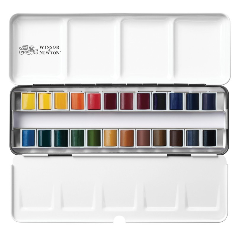 Acquerello Professional Water Colour Set Sketchers Box - 24 Mezzi Godet -  Winsor&Newton